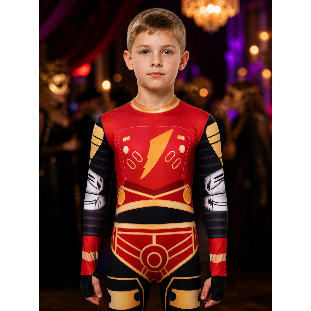 Dino Ranger Jumpsuit Costume, Sci-Fi Armor Design with Lightning Pattern on-model view