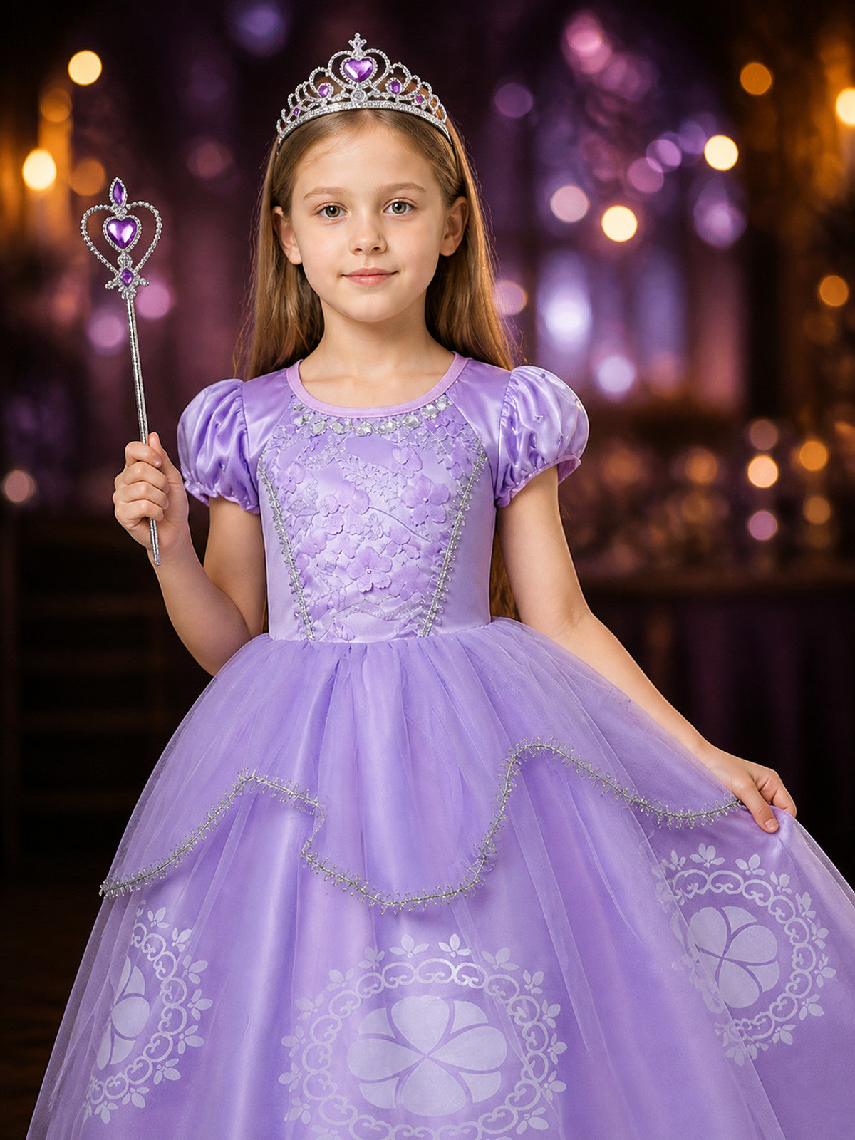 Girls Sophia Princess Dress Costume Set with Crown and Wand, Floral Embroidered on-model view