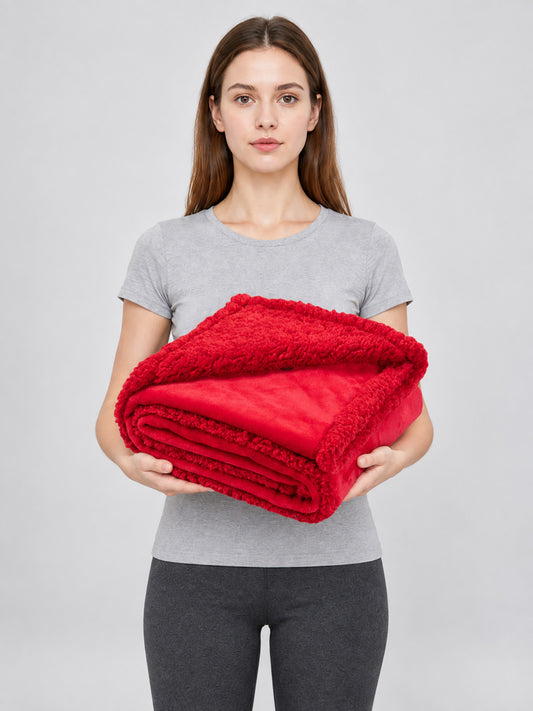 Double-Sided Red Blanket for Pets on-model view