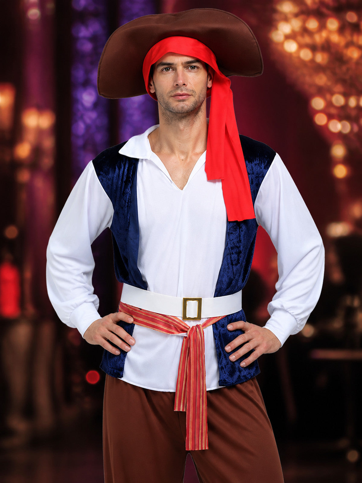 Pirate Costume Set with Hat, Vest, Shirt, Pants and Boot Covers on-model view