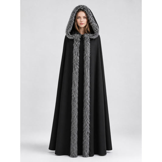 Black carnival cape with hood and shaggy trim