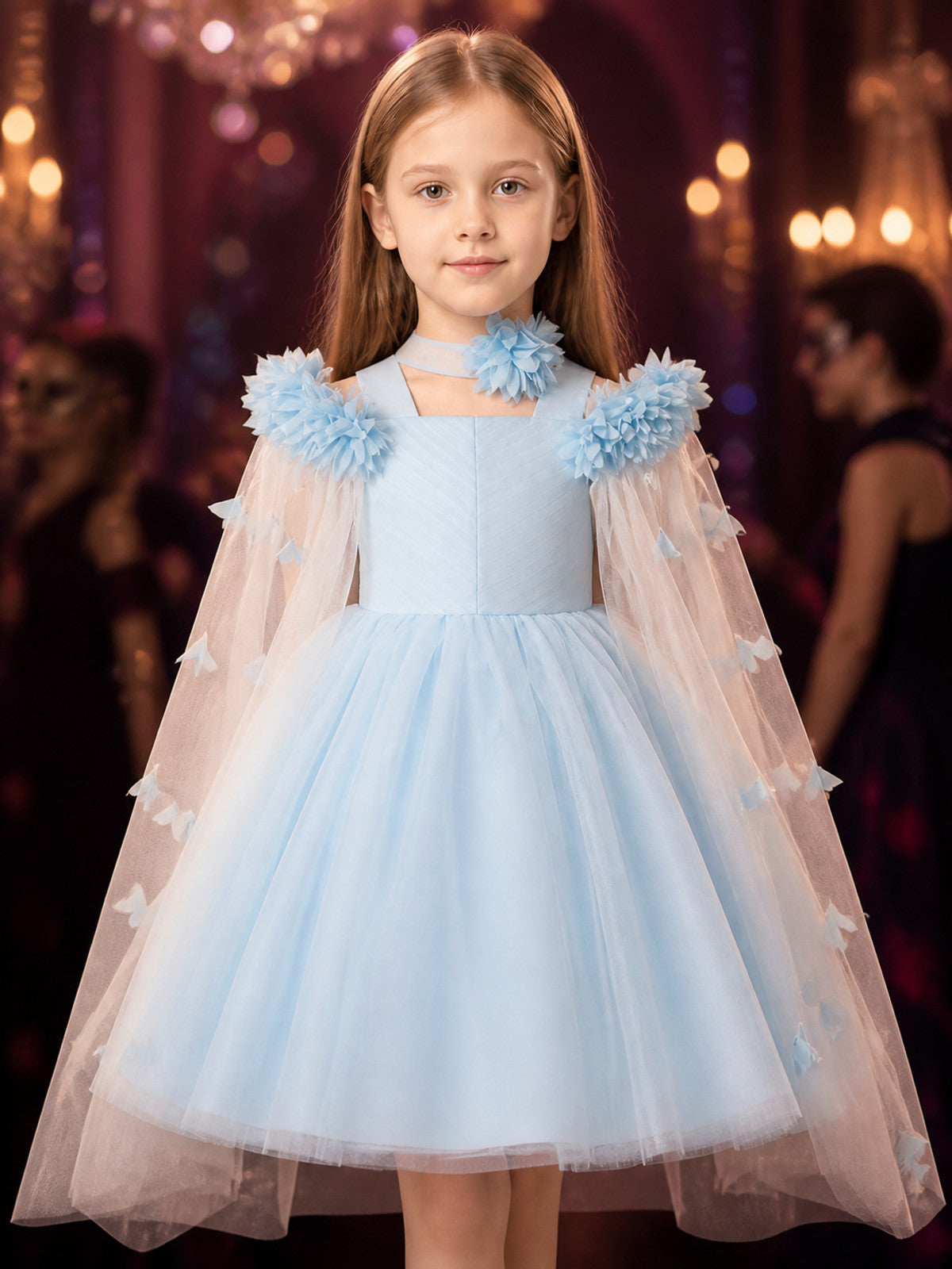 Girls' Light Blue Princess Dress, Off-Shoulder Floral Tulle Party Gown, Sizes on-model view