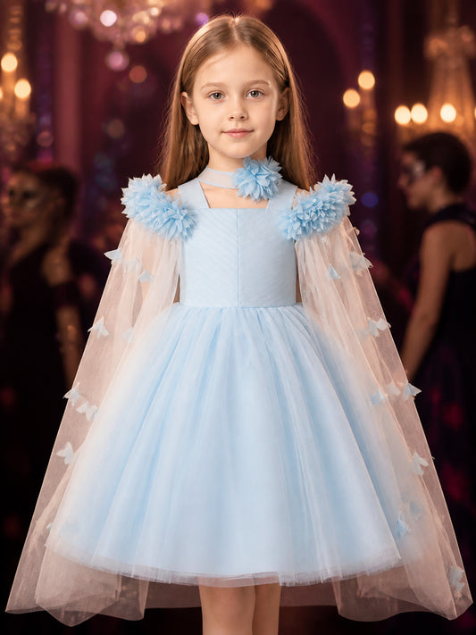 Girls' Light Blue Princess Dress, Off-Shoulder Floral Tulle Party Gown, Sizes on-model view