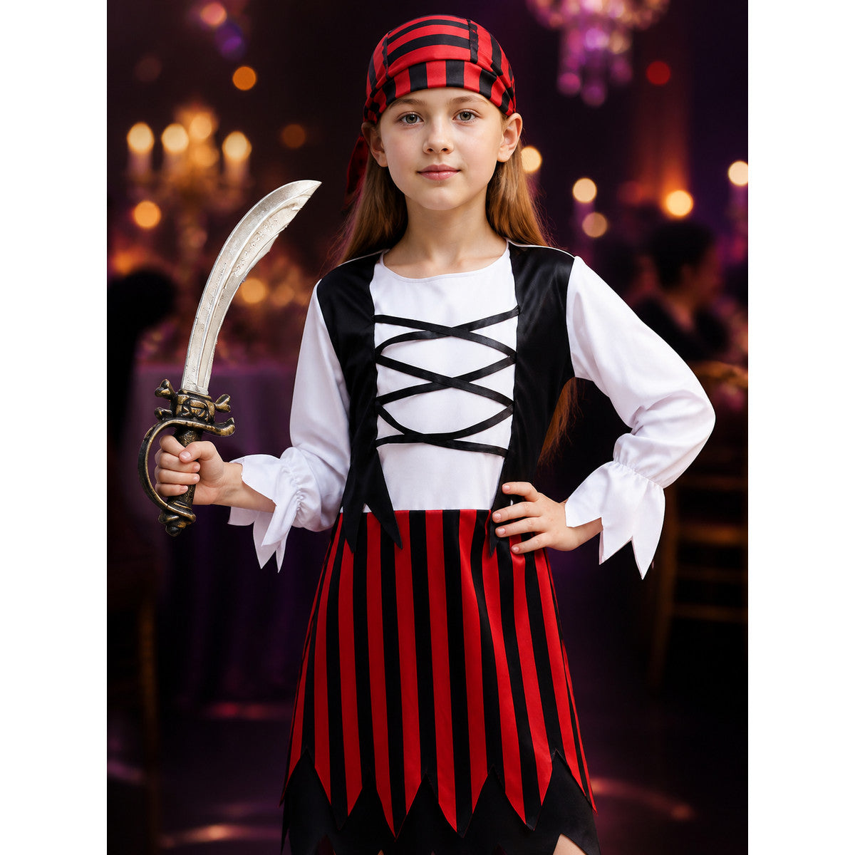 Kids' Red Black Pirate Costume Set with Striped Skirt and Hat, Halloween Outfit