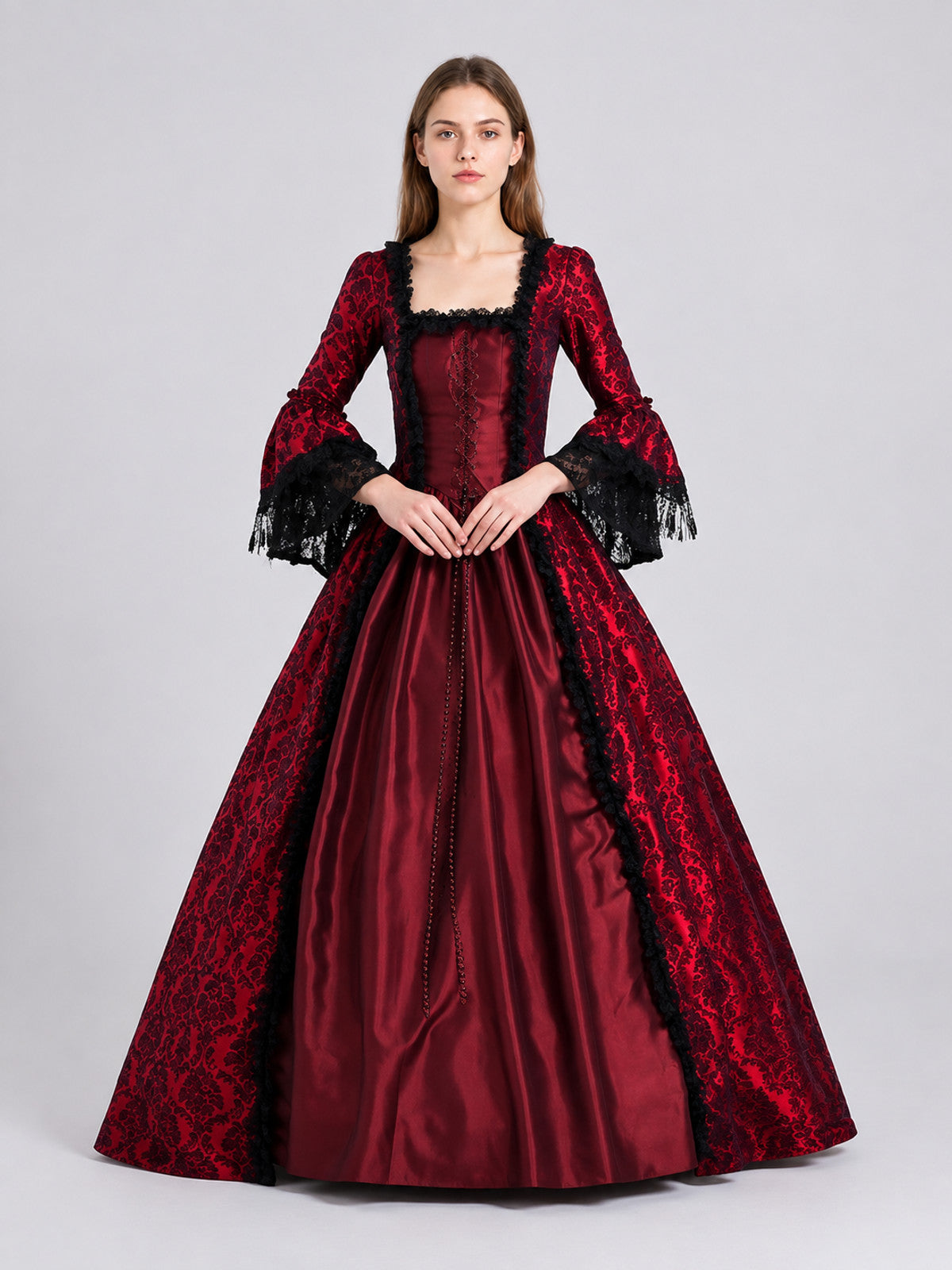 Long Burgundy Dress with Black Inserts on-model view