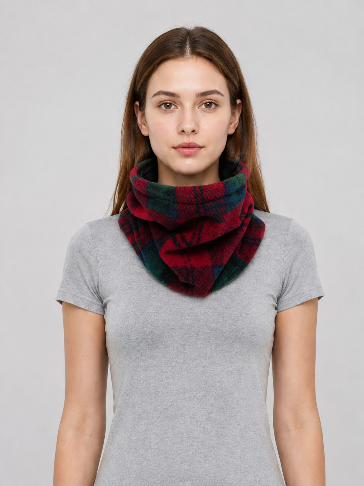 Insulated red neck gaiter with a plaid pattern on-model view