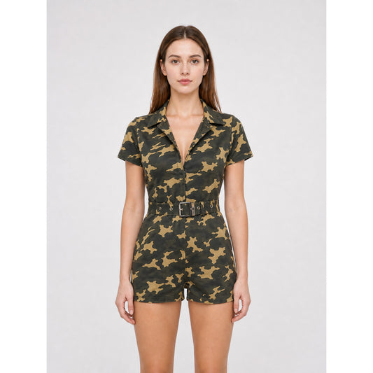 Camouflage jumpsuit costume with cap and belt