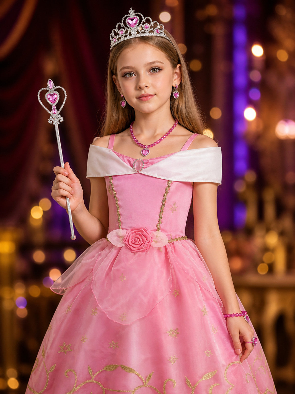 Girls Pink Princess Dress Costume Set with Crown, Wand & Jewelry for Halloween