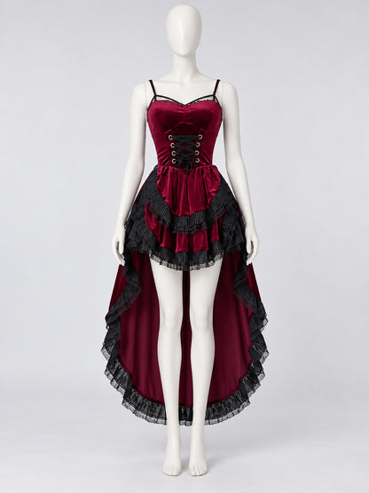 Gothic-Style Halloween Dress Red with Lace