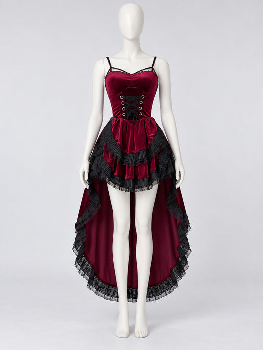 Gothic-Style Halloween Dress Red with Lace