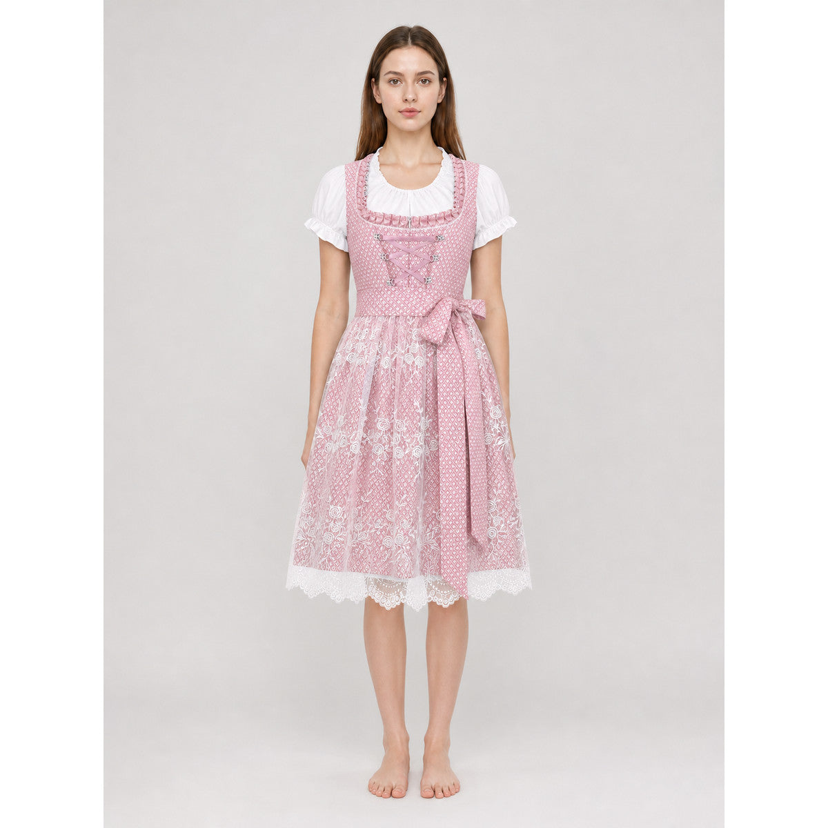 Pink and White Embroidered Dirndl-Style Dress