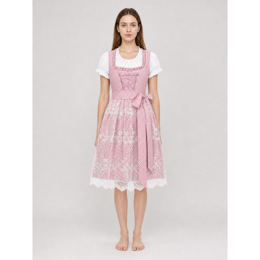 Pink and White Embroidered Dirndl-Style Dress
