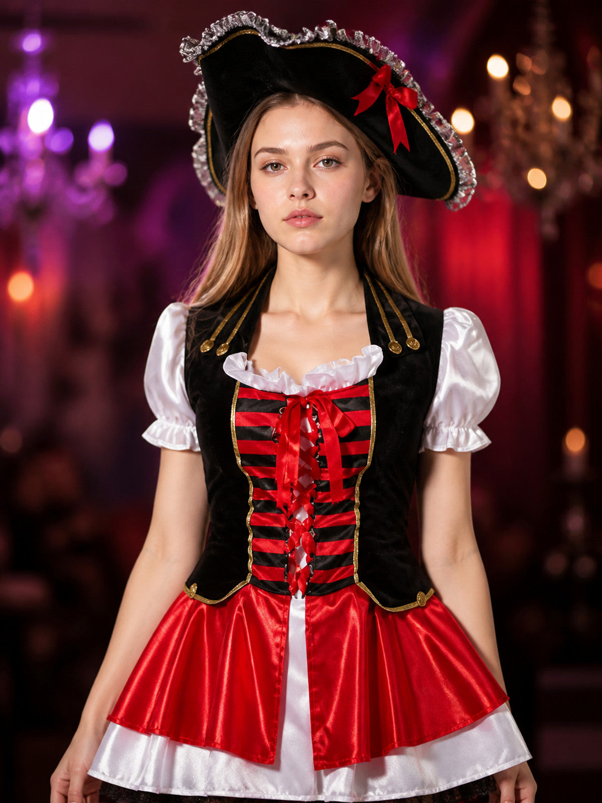 Women's Pirate Costume with Hat for Halloween on-model view