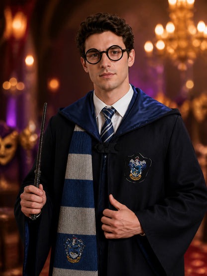 Ravenclaw Wizard Robe Costume Set with Scarf, Tie, Glasses and Wand on-model view