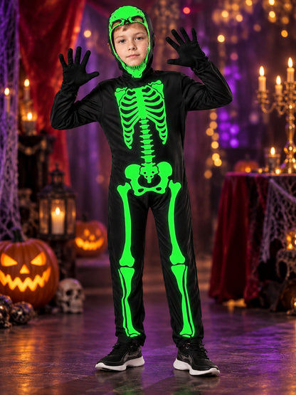 Kids' Skeleton Carnival Costume with Glow-in-the-Dark Print
