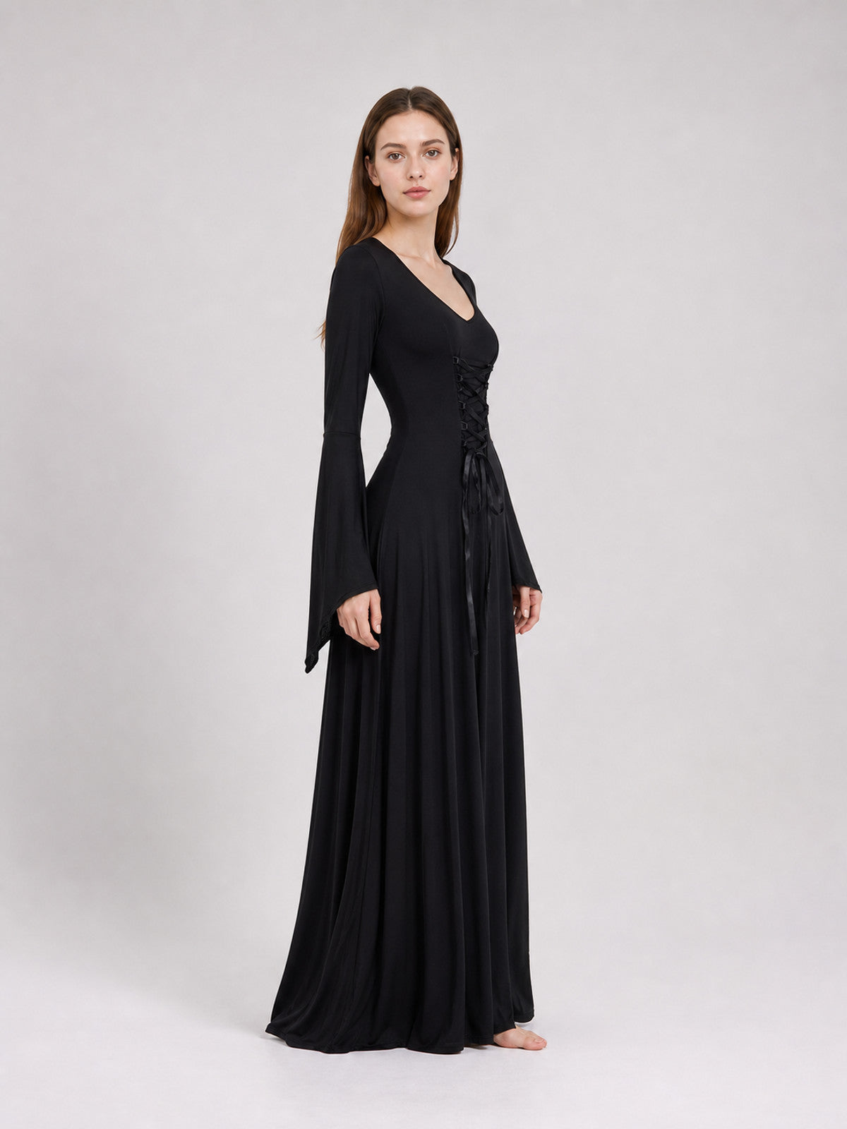 Long Black Dress with Flared Sleeves