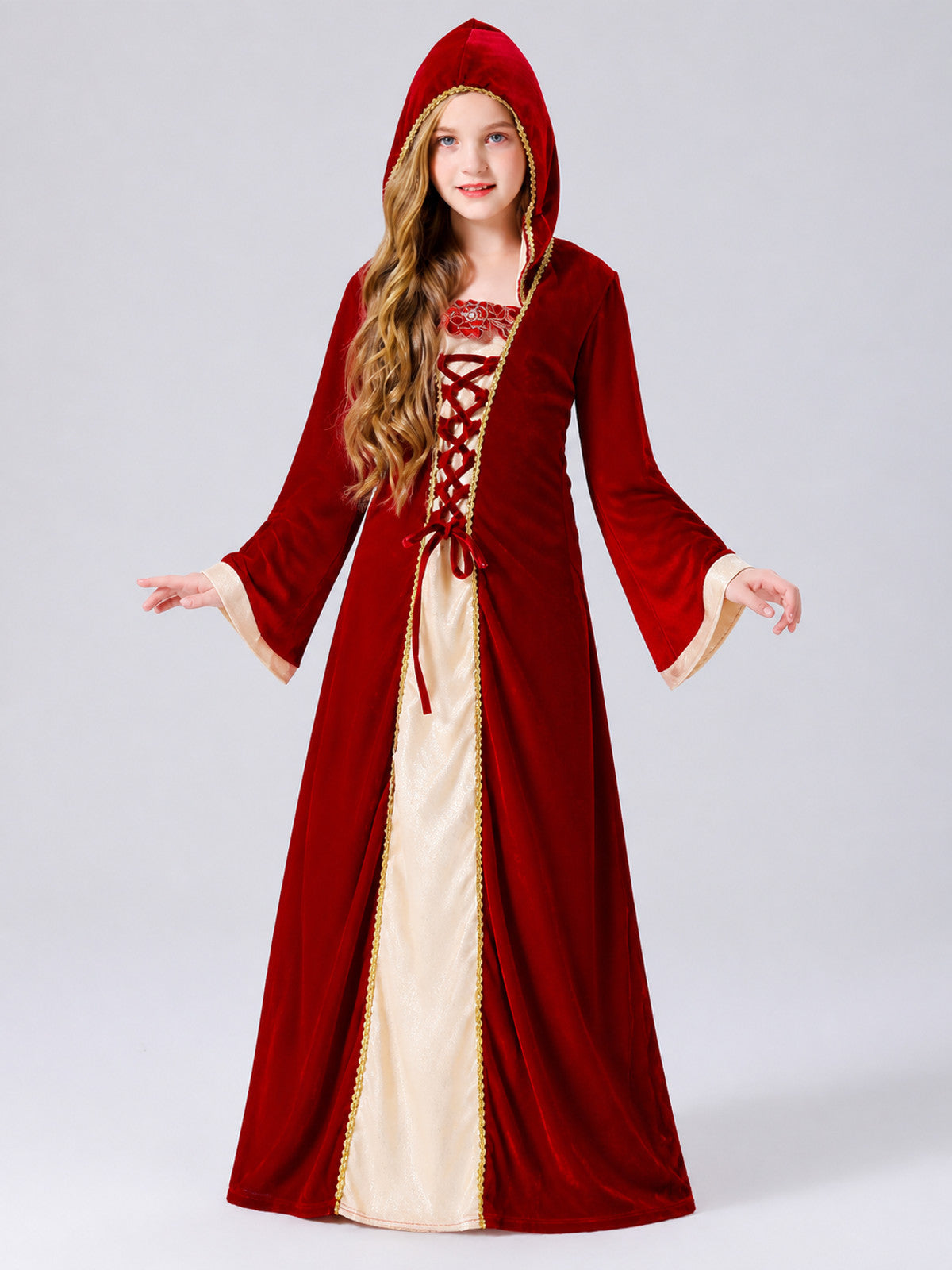 Stage dress with hood and lacing on-model view