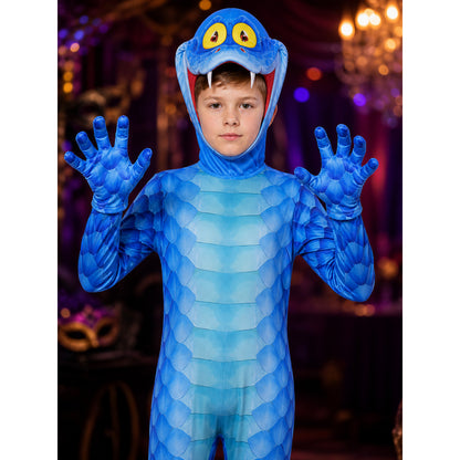 Kids' Gary Snake Costume, Blue Scaly Animal Jumpsuit with Headpiece & Gloves on-model view