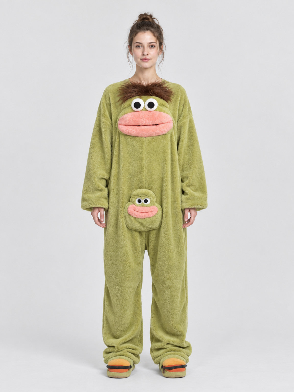 Olive Green Pajama Jumpsuit with Cartoon Design