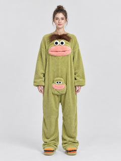 Olive Green Pajama Jumpsuit with Cartoon Design