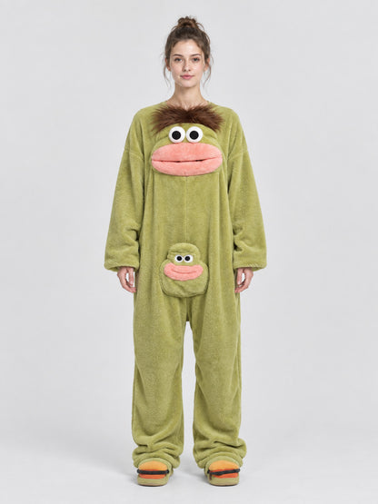 Olive Green Pajama Jumpsuit with Cartoon Design