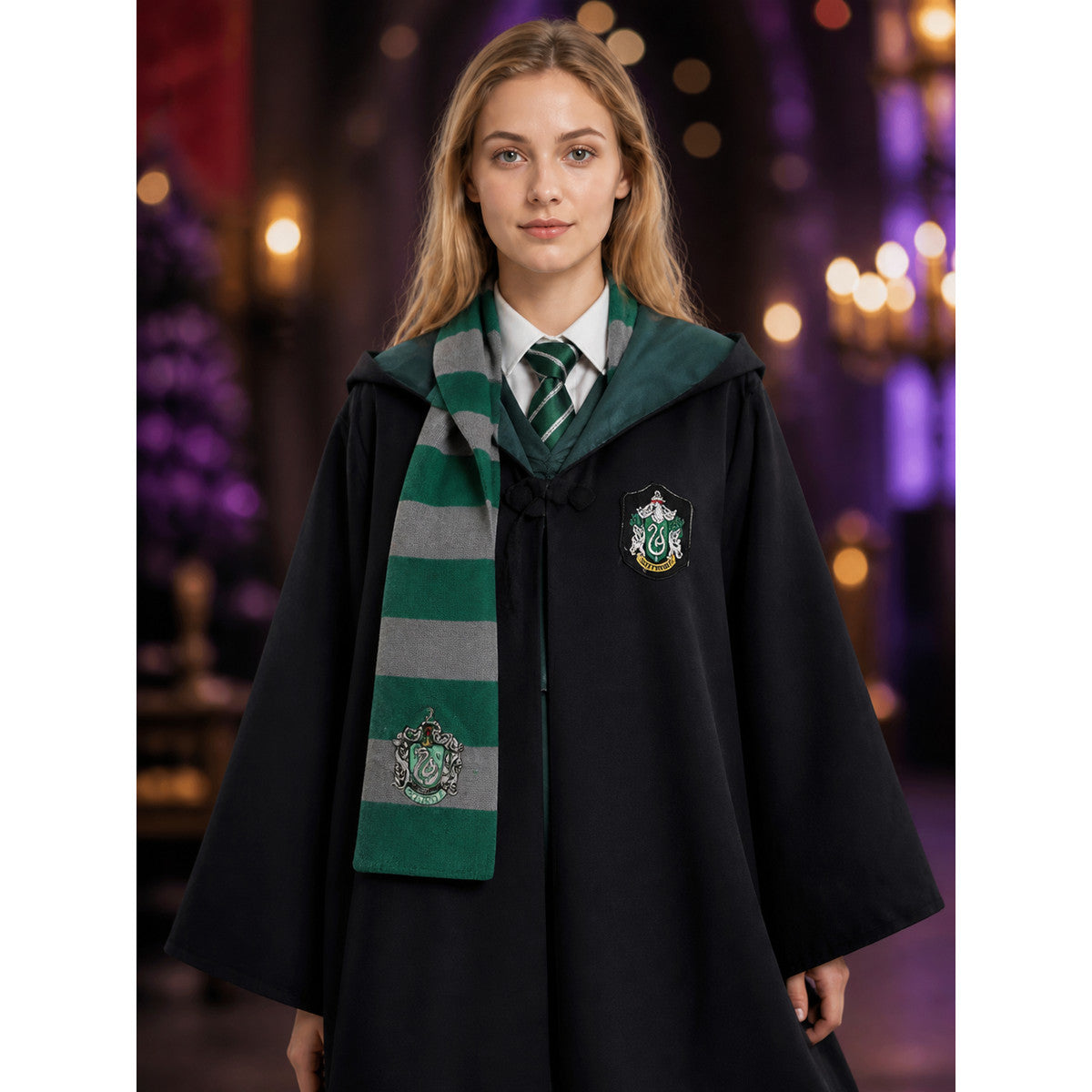 Green Gray Striped Wizard Cloak Costume Set with Hooded Robe, Scarf, and Tie on-model view