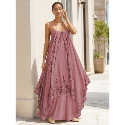 Long Pink Dress with Thin Straps and Print