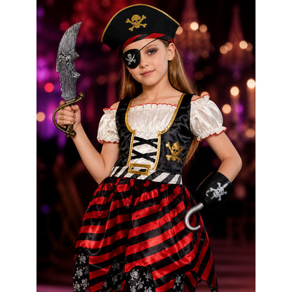 Kids Pirate Costume Set - Dress with Hat, Sword, Eyepatch and Hook Halloween on-model view