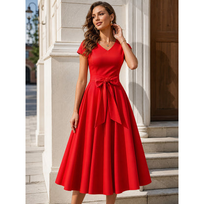 Red Dress with a V-Neck, Bow, and Ribbon main product view