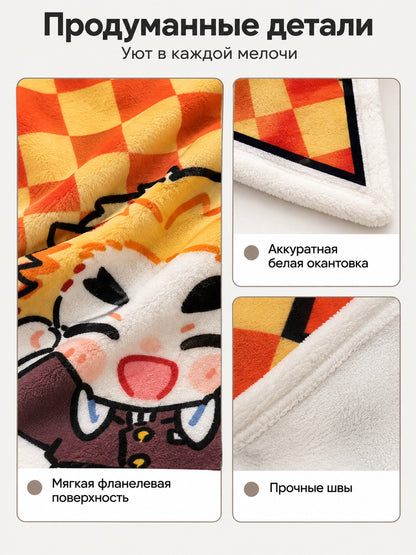 Flannel Throw Blanket with Plaid Print and Cartoon Design on-model view