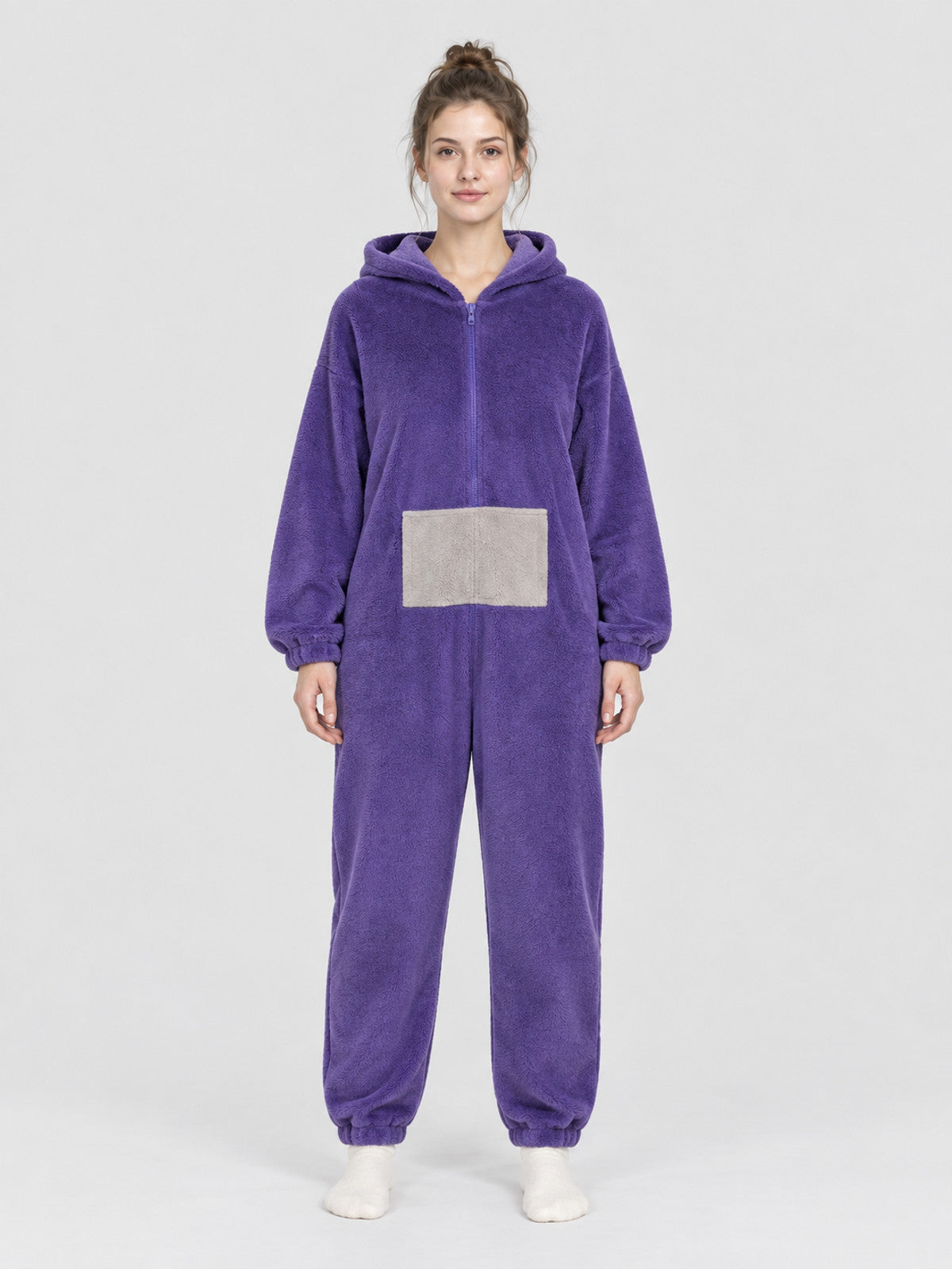 Purple Plush Hooded Jumpsuit Pajama with Zipper