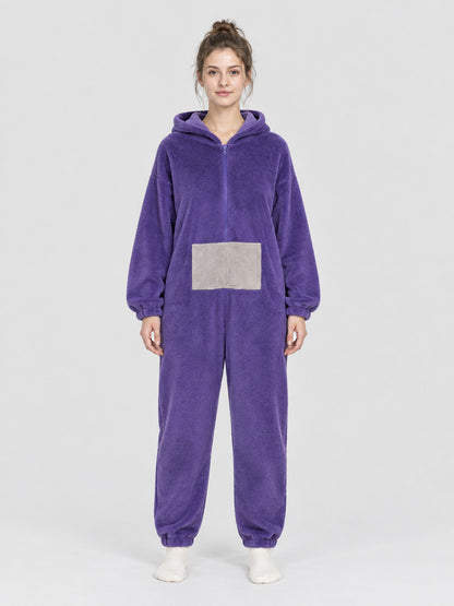 Purple Plush Hooded Jumpsuit Pajama with Zipper