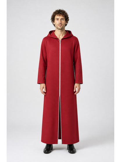 Dark Red Hooded Zip-Up Coat