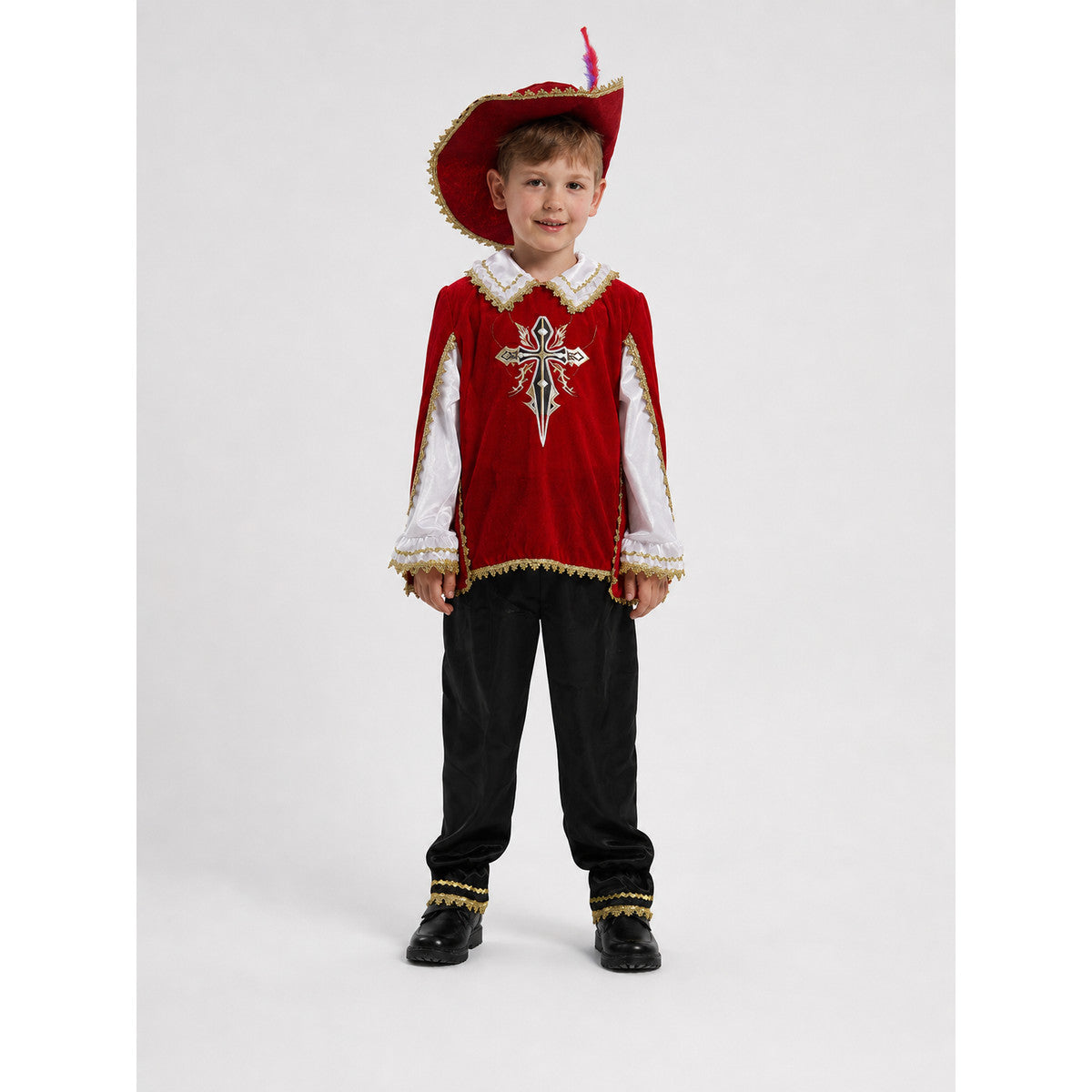 Children's Musketeer Costume with Hat for Carnival on-model view