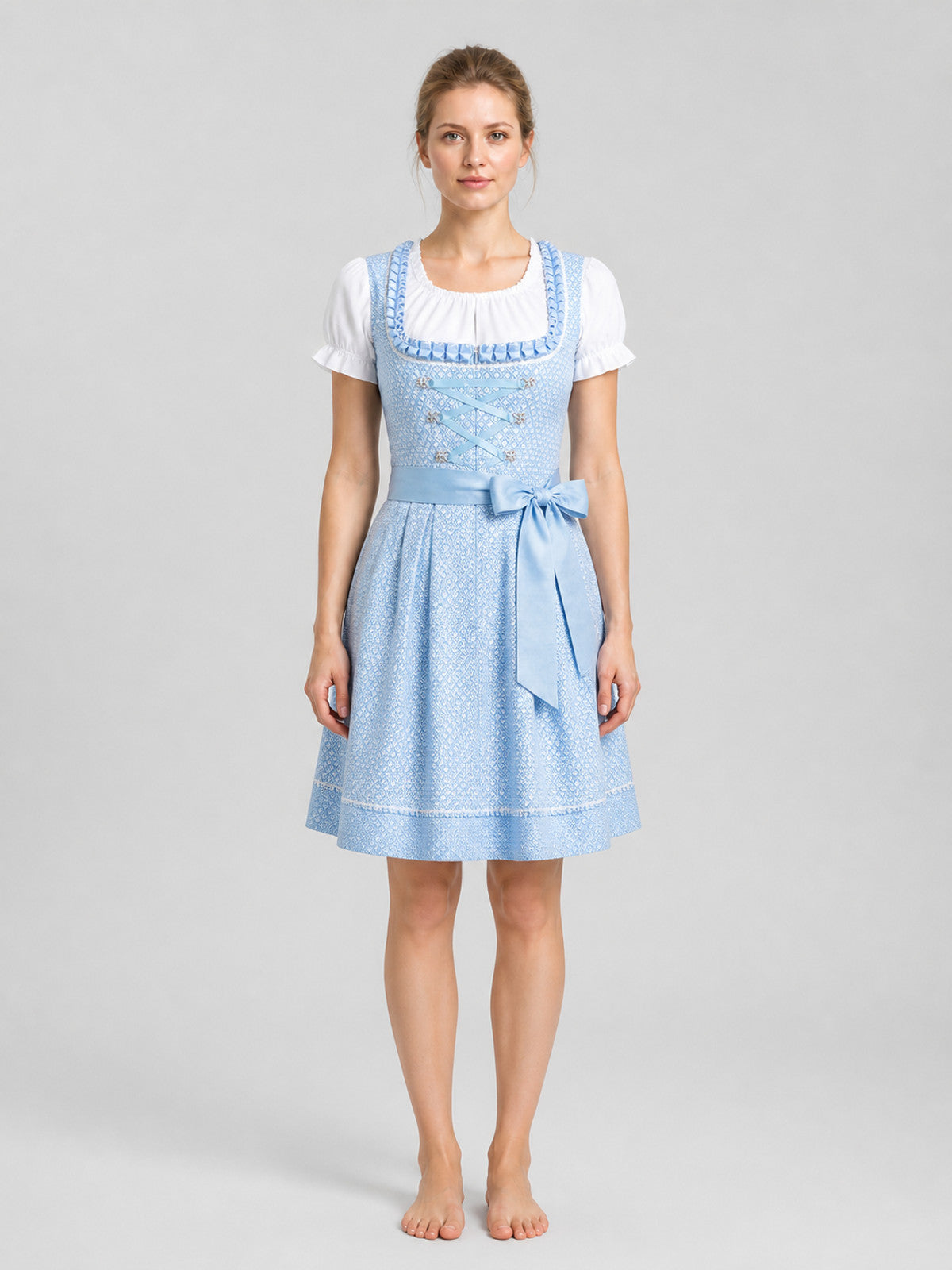 Short-Sleeve Dress, Light Blue with Pattern on-model view