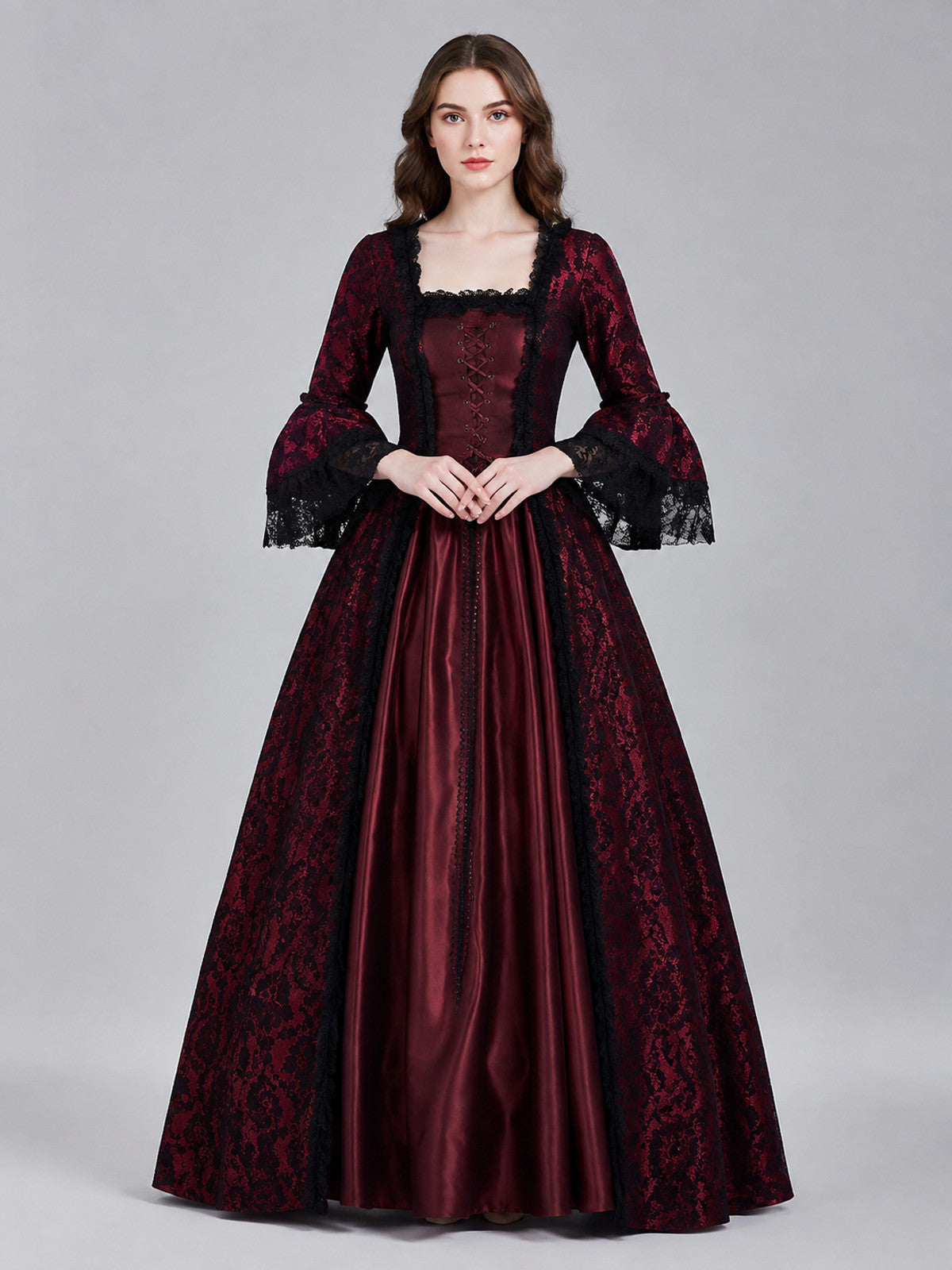 Long Floor-Length Dress with Lace and Lacing on-model view
