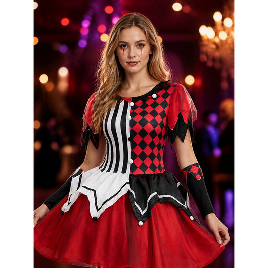 Women's Red Black White Clown Circus Dress Costume, Balloon Accent Tutu Skirt on-model view