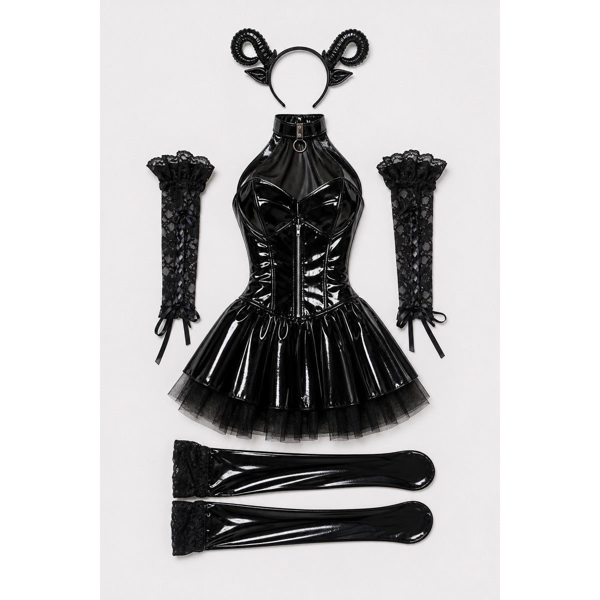 Black Devil Costume with Stockings and Headpiece on-model view