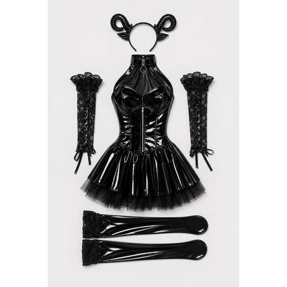 Black Devil Costume with Stockings and Headpiece on-model view