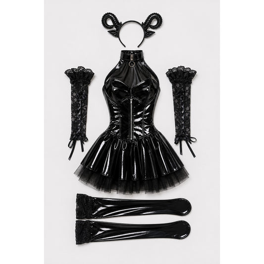 Black Devil Costume with Stockings and Headpiece on-model view