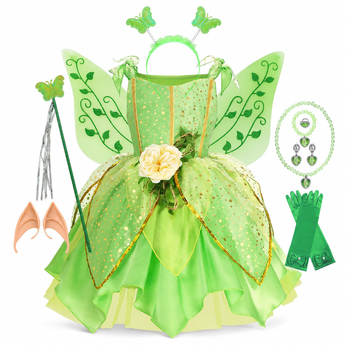 Girls' Green Forest Princess Dresses Fairy Elf Skirt Summer Glitter Mesh Princess Skirt Kid's Role Playing Performance Dress Set - Color:Fairy set 3