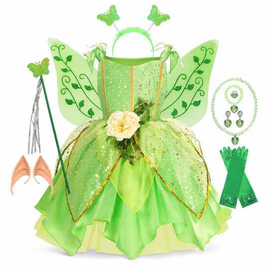 Girls' Green Forest Princess Dresses Fairy Elf Skirt Summer Glitter Mesh Princess Skirt Kid's Role Playing Performance Dress Set - Color:Fairy set 3
