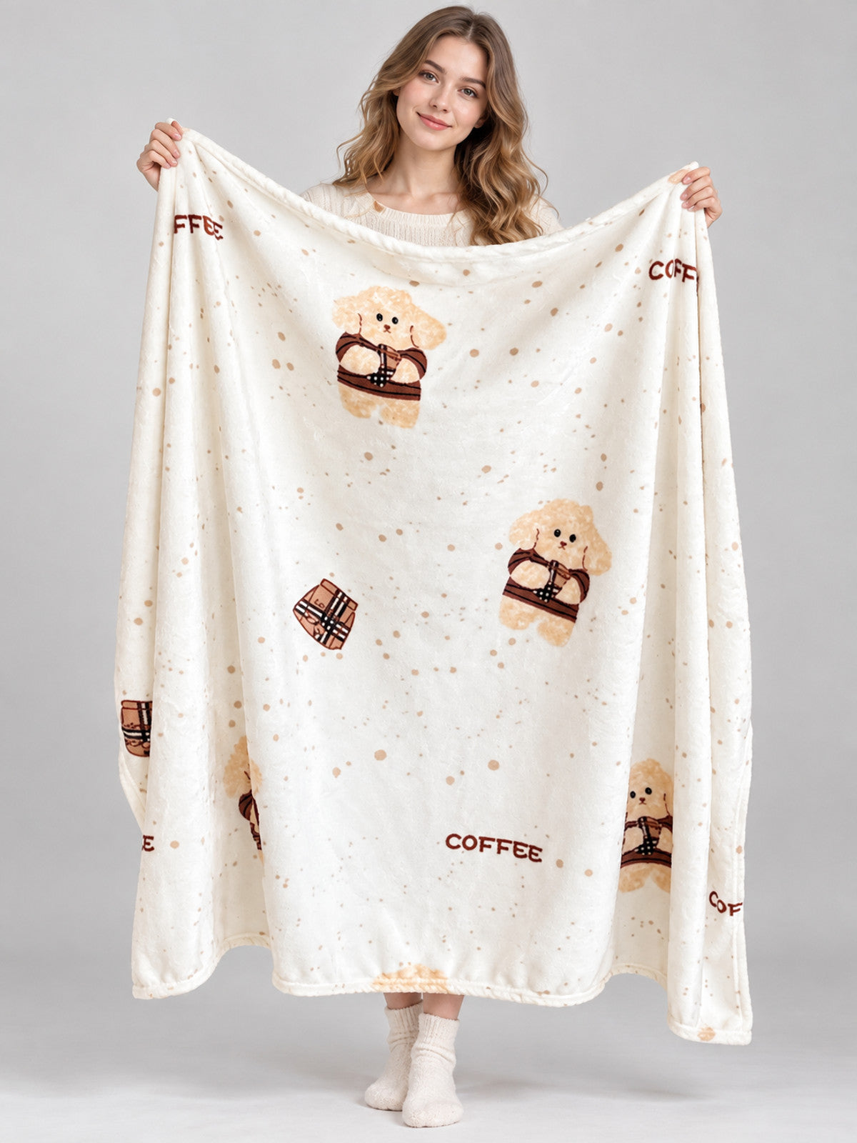 Throw Blanket with Dog and Coffee Cup Pattern