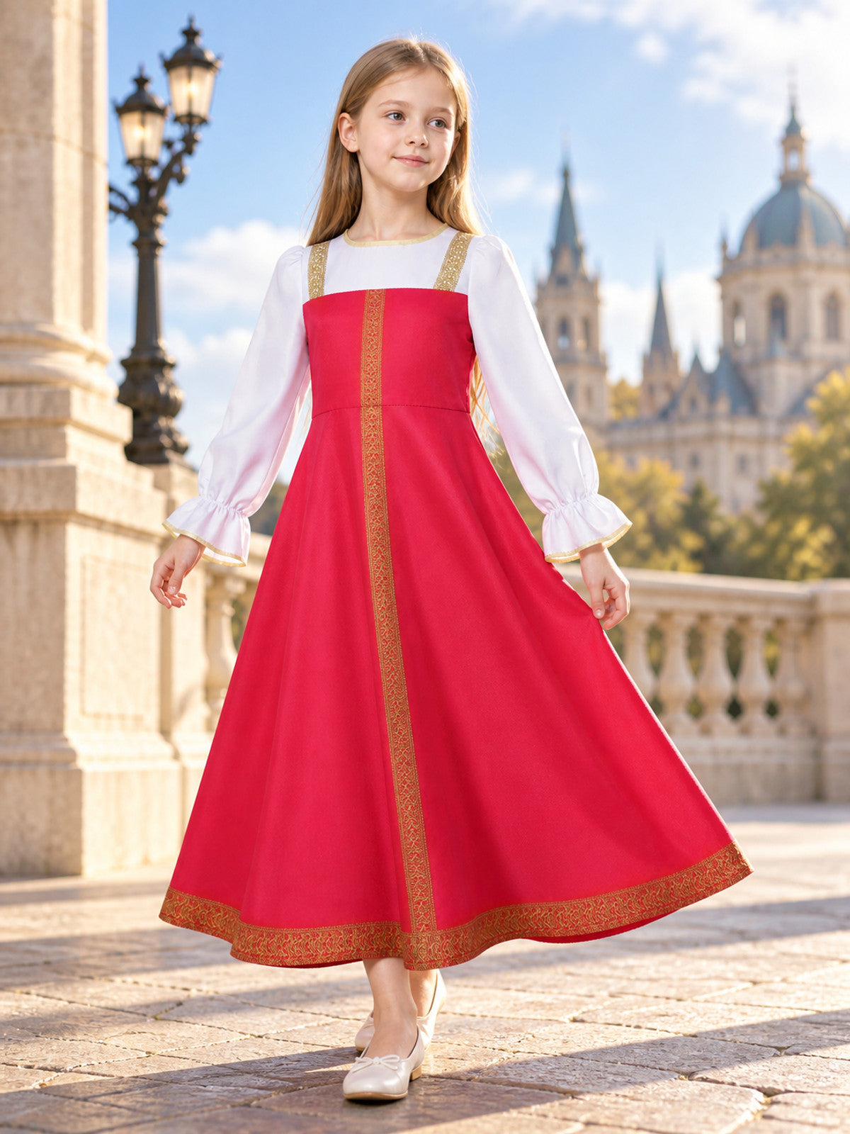gold red white gold long sleeve flared cosplay dress product image
