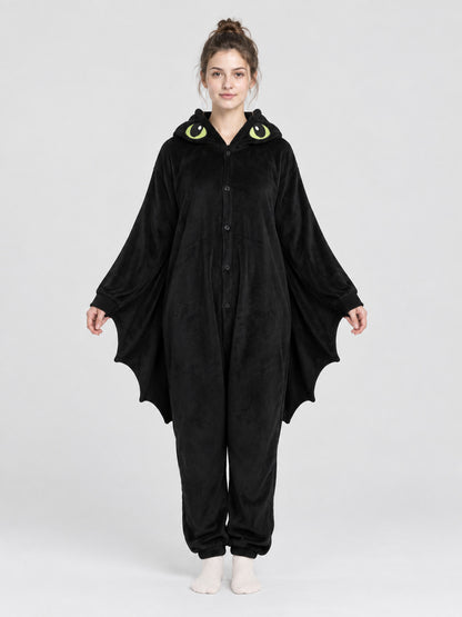 Black Fleece Hooded Pajama Jumpsuit with Wings