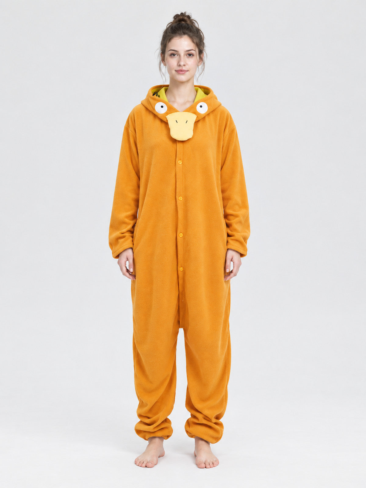 Orange Fleece Jumpsuit Pajama with Oversized Hood