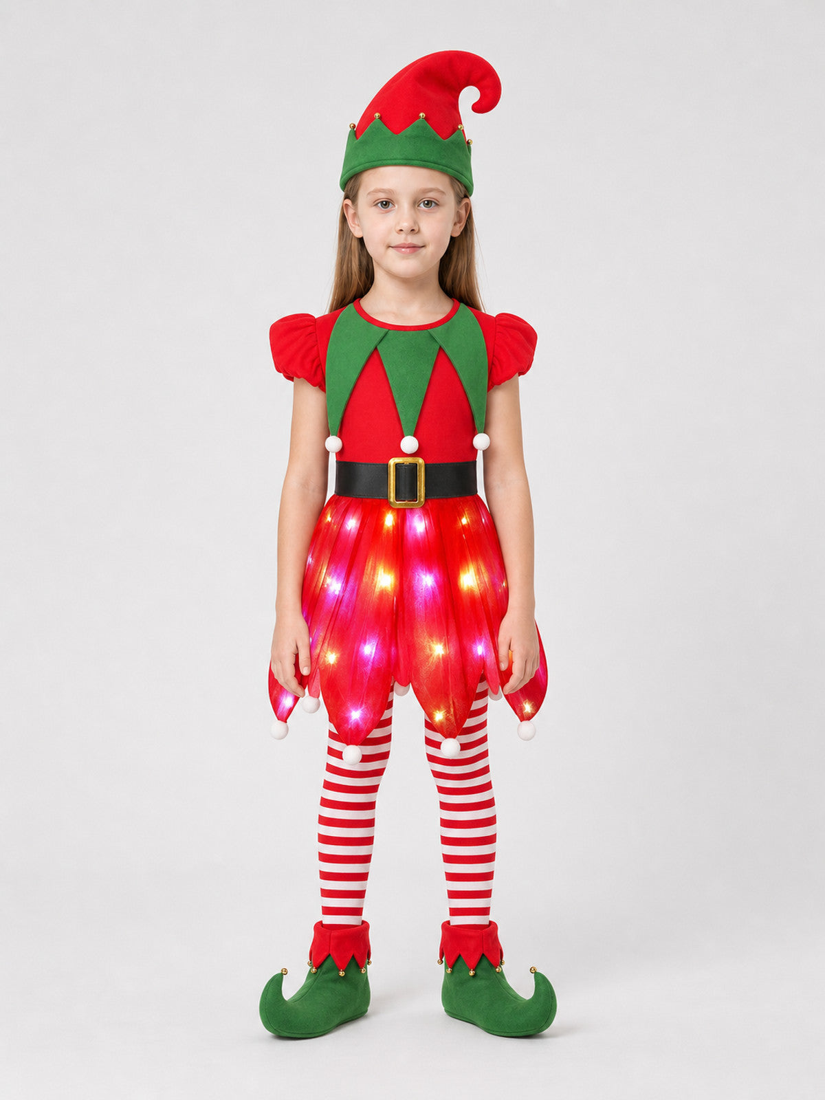 Light-Up Christmas Elf Costume with Dress and Hat on-model view