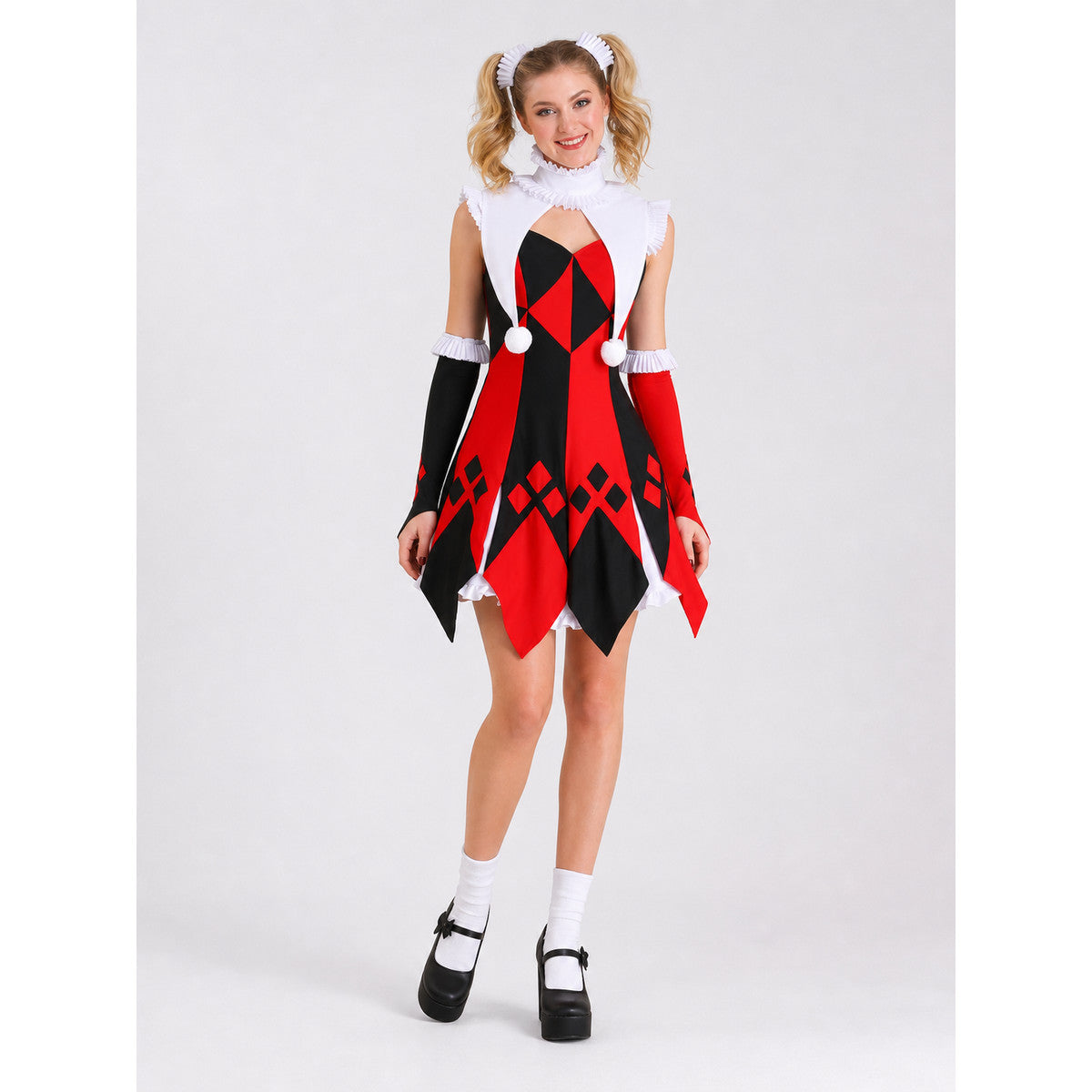 Harlequin cosplay dress with collar and cuffs on-model view
