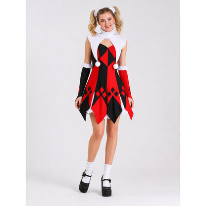 Harlequin cosplay dress with collar and cuffs on-model view