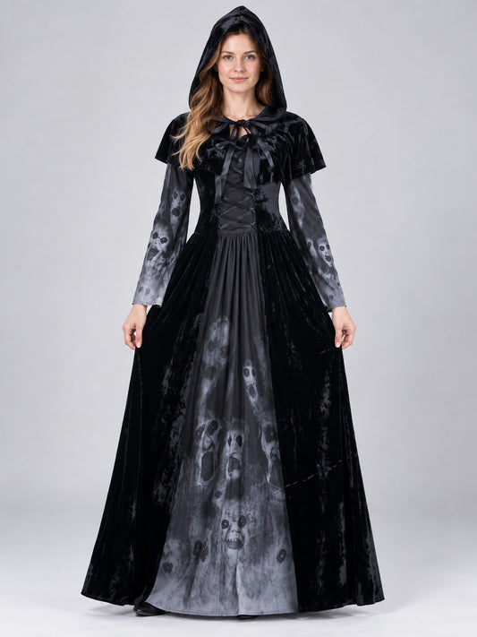 Black Hooded Witch Costume with Skull Print